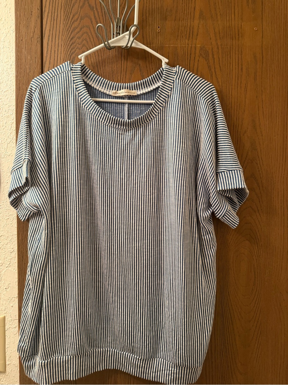 Zenana Outfitters Navy & White Pinstripe Short Sleeve Tee